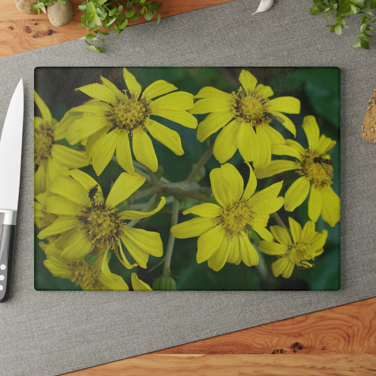 YELLOW FLOWERS - Artistic Glass Cutting Board - Unique Kitchen Decor, Modern Chef Gift, Housewarming Present, Vibrant Kitchen Accessory, Abstract Photography Art Design